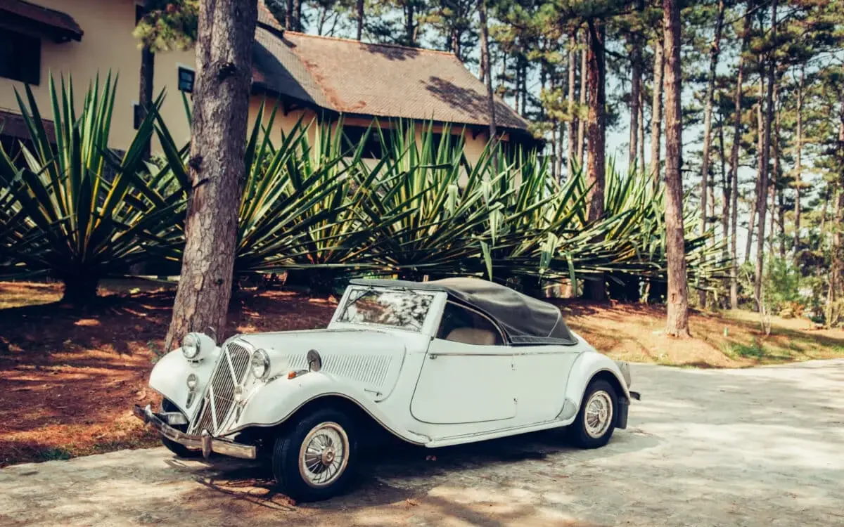 Spain - Warm atmosphere and light through pine tree with white vintage luxury classic convertible car at colonial villa