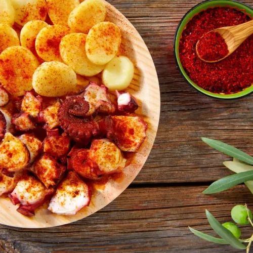 Tapas Pulpo a Feira with octopus potatoes gallega style and paprika recipe from Spain